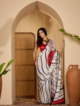 KIMISHA - Women White Printed Satin Saree with Unstitched Blouse