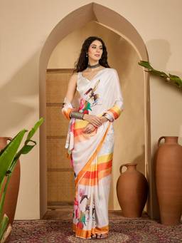 KIMISHA - Women White Printed Satin Saree with Unstitched Blouse
