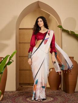 KIMISHA - Women Off White Floral Satin Saree with Unstitched Blouse