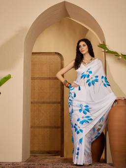 KIMISHA - Women White Floral Satin Saree with Unstitched Blouse