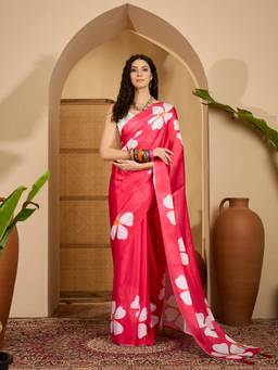 KIMISHA - Women Pink Floral Satin Saree with Unstitched Blouse