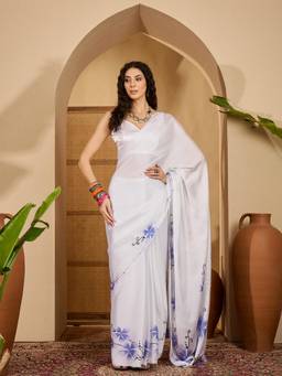 KIMISHA - Women White Floral Satin Saree with Unstitched Blouse