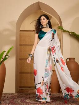 KIMISHA - Women White Floral Satin Saree with Unstitched Blouse