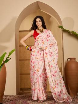 KIMISHA - Women Pink Printed Satin Saree with Unstitched Blouse