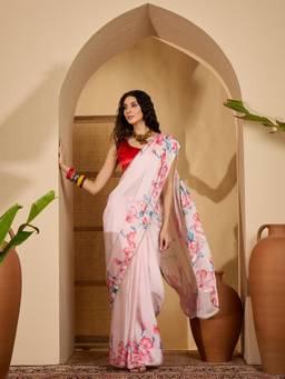 KIMISHA - Women Pink Floral Satin Saree with Unstitched Blouse