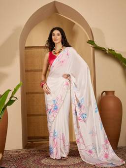 KIMISHA - Women White Floral Satin Saree with Unstitched Blouse
