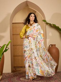 KIMISHA - Women White Floral Satin Saree with Unstitched Blouse