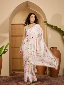 KIMISHA - Women Off White Floral Satin Saree with Unstitched Blouse