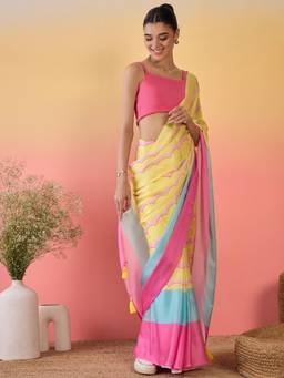 KIMISHA - Women Multi-Color Colorblock Satin Saree with Unstitched Blouse
