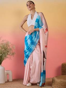 KIMISHA - Women Pink Printed Satin Saree with Unstitched Blouse