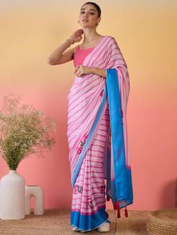 KIMISHA - Women Pink Printed Satin Saree with Unstitched Blouse