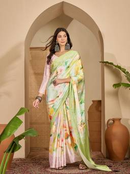 KIMISHA - Women Green Printed Satin Saree with Unstitched Blouse