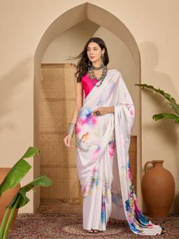 KIMISHA - Women Off White Printed Satin Saree with Unstitched Blouse
