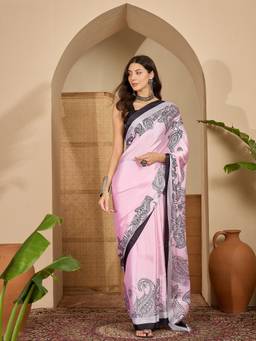 KIMISHA - Women Pink Printed Satin Saree with Unstitched Blouse