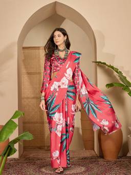 KIMISHA - Women Pink Printed Satin Saree with Unstitched Blouse