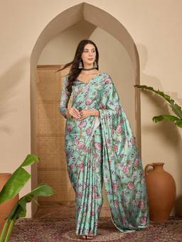KIMISHA - Women Blue Printed Satin Saree with Unstitched Blouse