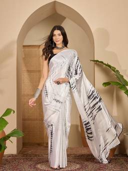 KIMISHA - Women Off White Printed Satin Saree with Unstitched Blouse