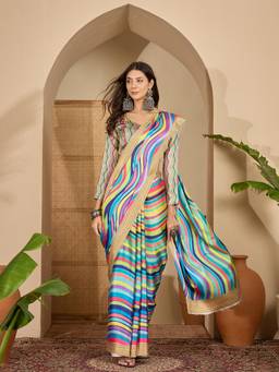 KIMISHA - Women Multi-Color Printed Satin Saree with Unstitched Blouse