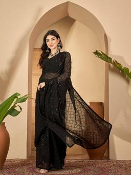 KIMISHA - Women Black Embellished & Sequined Georgette Saree with Unstitched Blouse