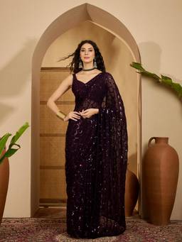 KIMISHA - Women Wine Embellished & Sequined Georgette Saree with Unstitched Blouse