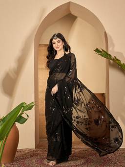 KIMISHA - Women Black Floral Georgette Saree with Unstitched Blouse