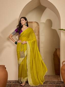 KIMISHA - Women Yellow Embroidered Chiffon Saree with Unstitched Blouse