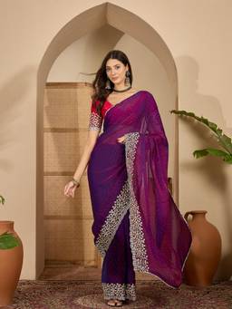 KIMISHA - Women Purple Embroidered Chiffon Saree with Unstitched Blouse