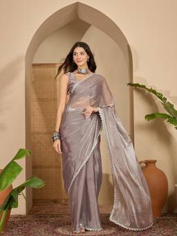 KIMISHA - Women Grey Beads and Stones Chiffon Saree with Unstitched Blouse