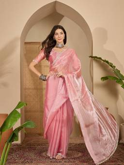 KIMISHA - Women Peach Beads and Stones Chiffon Saree with Unstitched Blouse