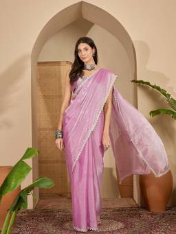 KIMISHA - Women Pink Beads and Stones Chiffon Saree with Unstitched Blouse
