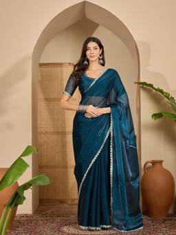 KIMISHA - Women Teal Beads and Stones Chiffon Saree with Unstitched Blouse