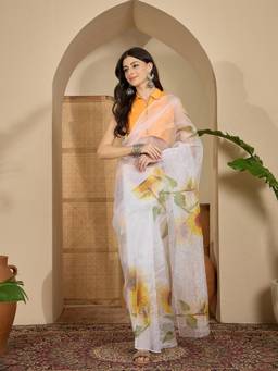 KIMISHA - Women Cream Printed Organza Saree with Unstitched Blouse