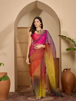 KIMISHA - Women Multi-Color Printed Organza Saree with Unstitched Blouse