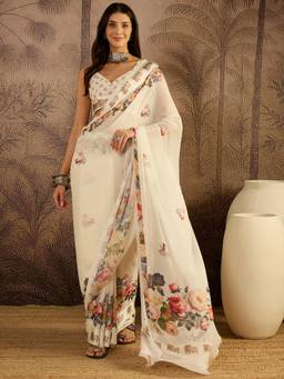 KIMISHA - Women Cream Printed Georgette Saree with Unstitched Blouse