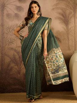 KIMISHA - Women Green Printed Chanderi Saree with Unstitched Blouse