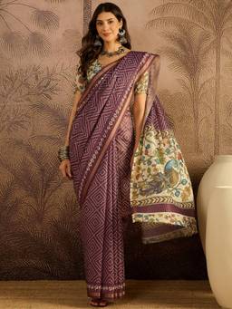KIMISHA - Women Mauve Printed Chanderi Saree with Unstitched Blouse