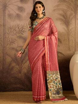 KIMISHA - Women Pink Printed Chanderi Saree with Unstitched Blouse