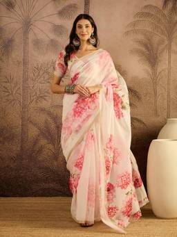 KIMISHA - Women Cream Printed Cotton Blend Saree with Unstitched Blouse