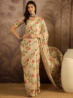 KIMISHA - Women Beige Floral Cotton Silk Saree with Unstitched Blouse