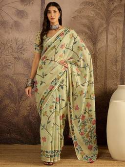 KIMISHA - Women Green Floral Cotton Silk Saree with Unstitched Blouse