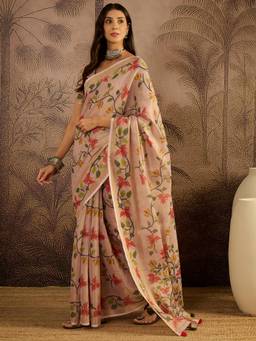 KIMISHA - Women Peach Floral Cotton Silk Saree with Unstitched Blouse