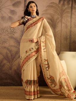 KIMISHA - Women Beige Printed Cotton Silk Saree with Unstitched Blouse