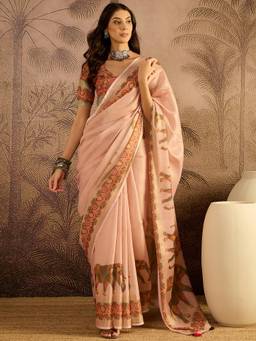 KIMISHA - Women Pink Printed Cotton Silk Saree with Unstitched Blouse