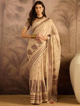 KIMISHA - Women Beige Printed Cotton Silk Saree with Unstitched Blouse