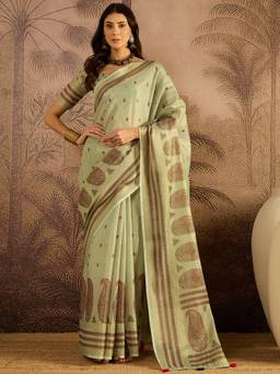 KIMISHA - Women Green Printed Cotton Silk Saree with Unstitched Blouse