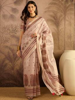 KIMISHA - Women Lavender Printed Cotton Silk Saree with Unstitched Blouse