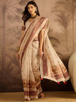 KIMISHA - Women Beige Printed Cotton Silk Saree with Unstitched Blouse