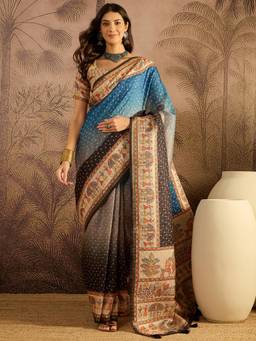 KIMISHA - Women Multi-Color Printed Tussar Silk Saree with Unstitched Blouse