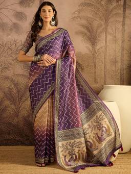 KIMISHA - Women Multi-Color Printed Tussar Silk Saree with Unstitched Blouse