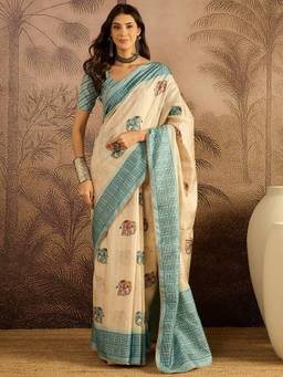 KIMISHA - Women Beige Printed Tussar Silk Saree with Unstitched Blouse